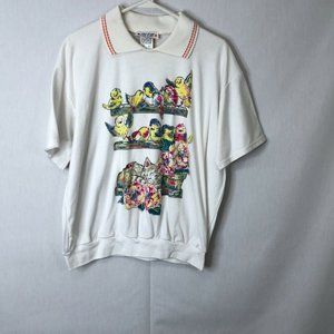 Birds Womens White Collared Short Sleeves Collared Pullover T Shirt Size Large